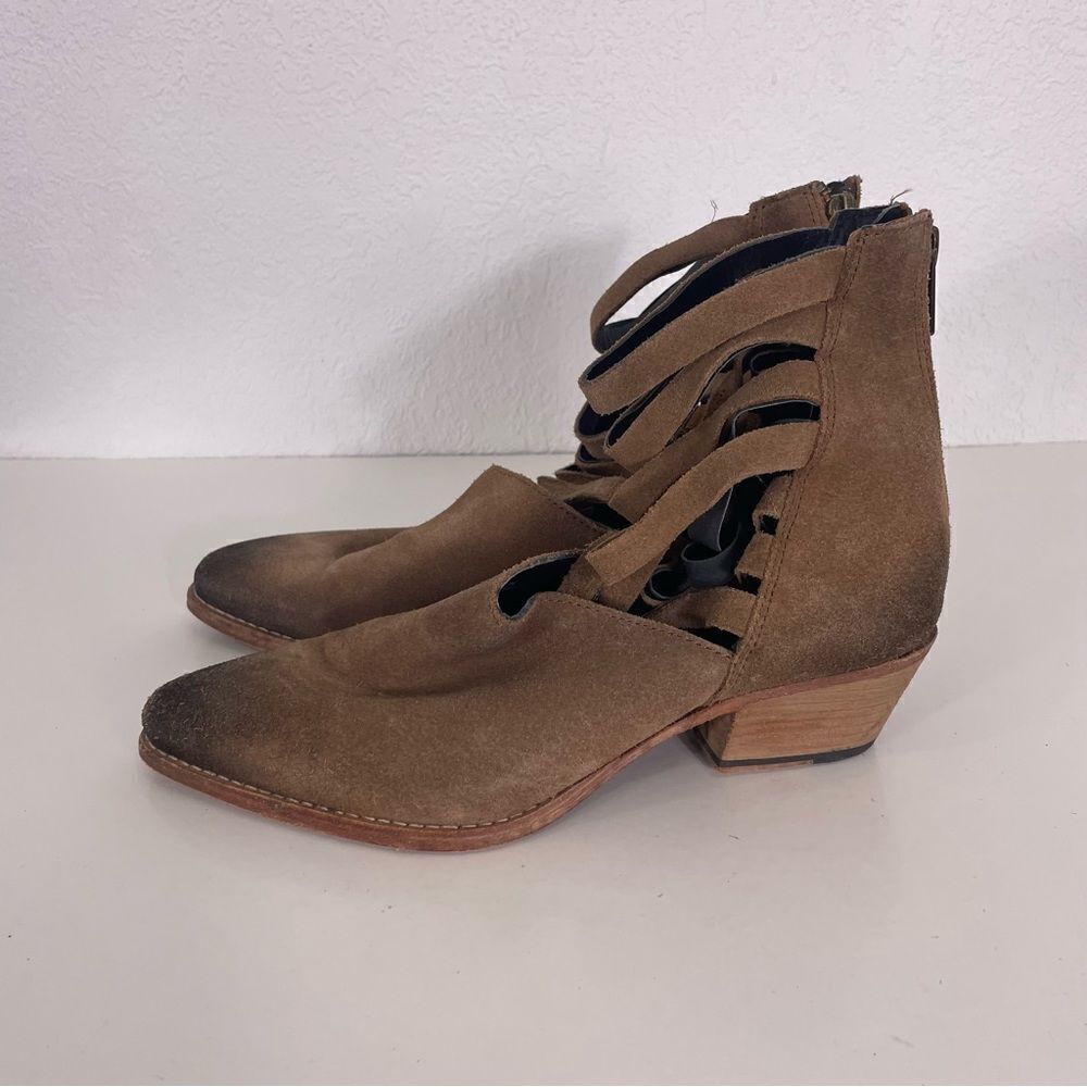 Free People Tan Leather Suede Cutout Low Heel Booties Size 6